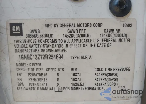 2002 Chevrolet Tahoe Ls z USA, uszkodzony, nr VIN 1GNEC13Z72R254694